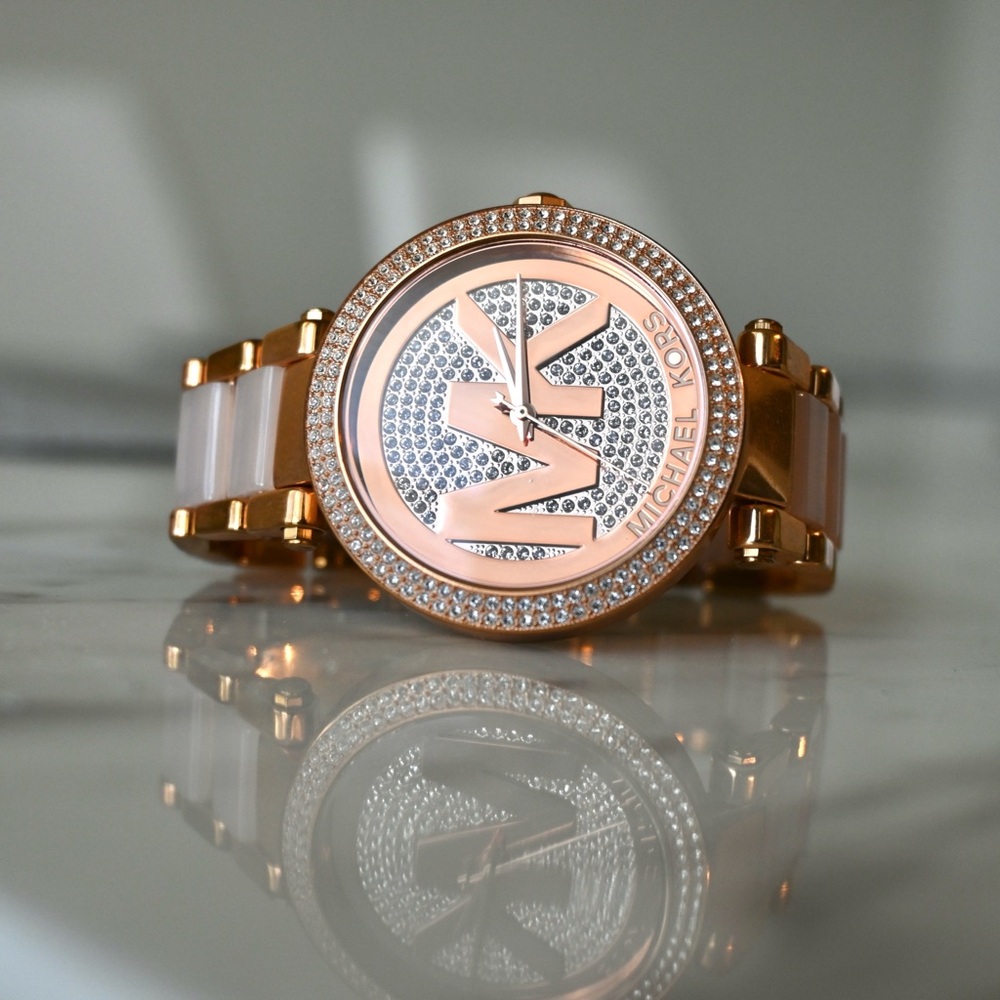 Michael Kors Women’s Rose Gold Watch with Crystals and MK Logo